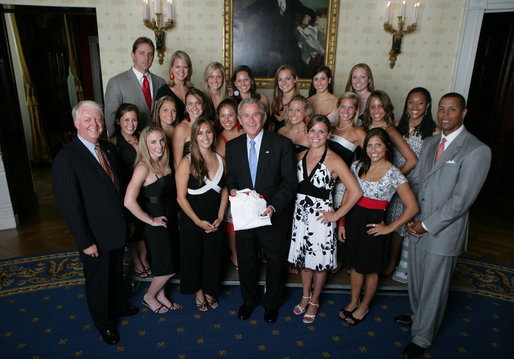President George W. Bush stands with members of the University of Georgia Women's Gymnastics 2007 Championship Team Monday, June 18, 2007 at the White House, during a photo opportunity with the 2006 and 2007 NCAA Sports Champions. White House photo by Eric Draper
