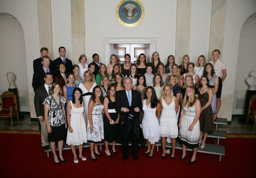 President George W. Bush stands with members of the Northwestern University Women's Lacrosse 2006 Championship Team Monday, June 18, 2007 at the White House, during a photo opportunity with the 2006 and 2007 NCAA Sports Champions. White House photo by Eric Draper