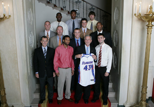 President George W. Bush stands with members of the University of Florida Men's Basketball 2007 Championship Team Monday, June 18, 2007 at the White House, during a photo opportunity with the 2006 and 2007 NCAA Sports Champions. White House photo by Eric Draper