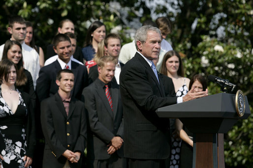President George W. Bush delivers remarks to the 2006 and 2007 NCAA Championship teams Monday, June 18, 2007 on the South Lawn. White House photo by Eric Draper