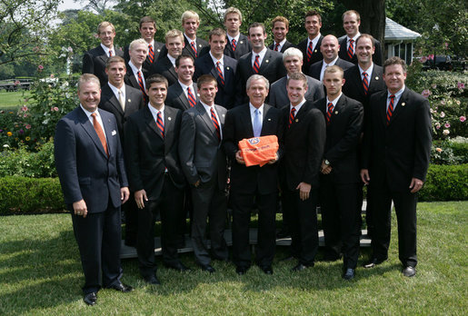 President George W. Bush stands with members of the Auburn University Men's Swimming and Diving 2007 Championship Team Monday, June 18, 2007 at the White House, during a photo opportunity with the 2006 and 2007 NCAA Sports Champions. White House photo by Chris Greenberg