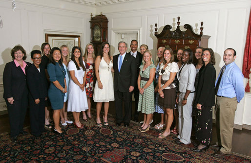 President George W. Bush stands with members of the Georgia Tech Women's Tennis 2007 Championship Team Monday, June 18, 2007 at the White House, during a photo opportunity with the 2006 and 2007 NCAA Sports Champions. White House photo by Joyce N. Boghosian