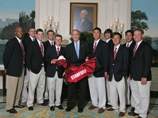 President George W. Bush stands with members of the Stanford University Men's Golf 2006 Championship Team Monday, June 18, 2007 at the White House, during a photo opportunity with the 2006 and 2007 NCAA Sports Champions. White House photo by Joyce N. Boghosian