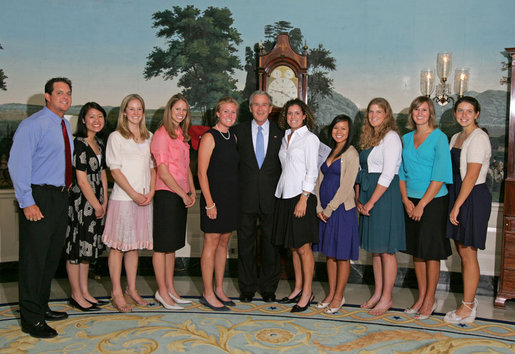 President George W. Bush stands with members of the Stanford University Women's Tennis 2006 Championship Team Monday, June 18, 2007 at the White House, during a photo opportunity with the 2006 and 2007 NCAA Sports Champions. White House photo by Joyce N. Boghosian