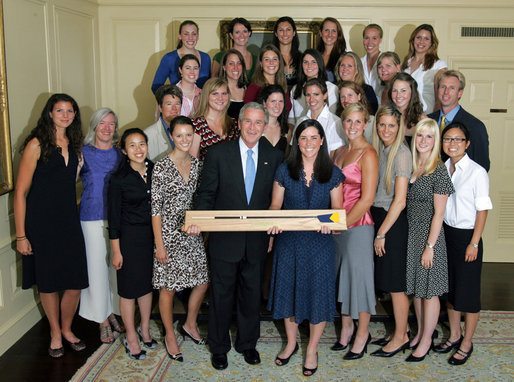 President George W. Bush stands with members of the University of California, Berkeley Women's Crew 2006 Championship Monday, June 18, 2007 at the White House, during a photo opportunity with the 2006 and 2007 NCAA Sports Champions. White House photo by Joyce N. Boghosian