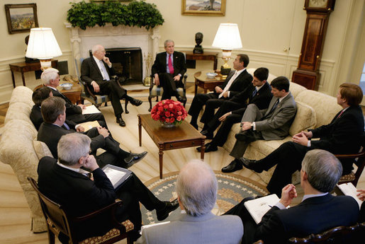 President George W. Bush speaks with Republican members of the House of Representatives in an Oval Office meeting Wednesday, June 20, 2007. White House photo by Eric Draper
