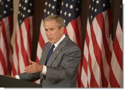 President George W. Bush emphasizes a point as he makes remarks during at briefing Tuesday, June 26, 2007, in the Eisenhower Executive Office Building, on comprehensive immigration reform. White House photo by Joyce N. Boghosian