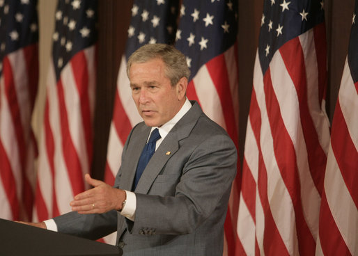 President George W. Bush emphasizes a point as he makes remarks during at briefing Tuesday, June 26, 2007, in the Eisenhower Executive Office Building, on comprehensive immigration reform. White House photo by Joyce N. Boghosian