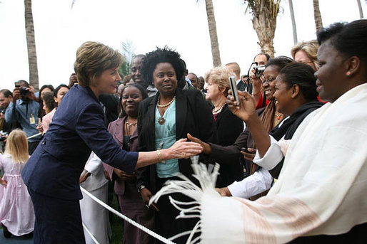 Mrs. Laura Bush greets U.S. Embassy employees and staff Wednesday, June 27, 2007, during her visit to Maputo, Mozambique. White House photo by Shealah Craighead