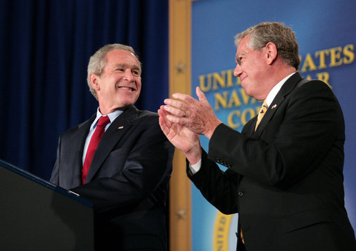 President George W. Bush is applauded by Rhode Island Governor Donald L. Carcieri prior to his address at the Naval War College in Newport, R.I., Thursday, June 28, 2007. White House photo by Eric Draper