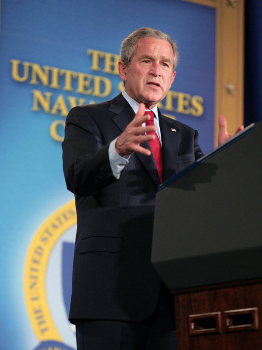 President George W. Bush addresses his remarks on national security and the war in Iraq at the Naval War College in Newport, R.I., Thursday, June 28, 2007, saying "With the help of our troops, the Iraqi security forces are growing in number, they are becoming more capable, and coming closer to the day when they can assume responsibility for defending their own country." White House photo by Eric Draper