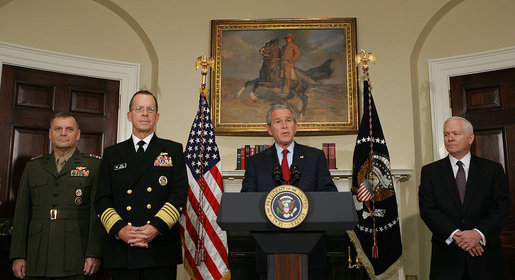 President George W. Bush stands stands with Marine General James Cartwright, left, Navy Admiral Michael Mullen, and Secretary of Defense Robert Gates, right, as he announces his nomination of Admiral Mullen as Chairman and Gen. Cartwright as Vice Chairman of the Joint Chiefs of Staff Thursday, June 28, 2007, in the Roosevelt Room of the White House. White House photo by Chris Greenberg