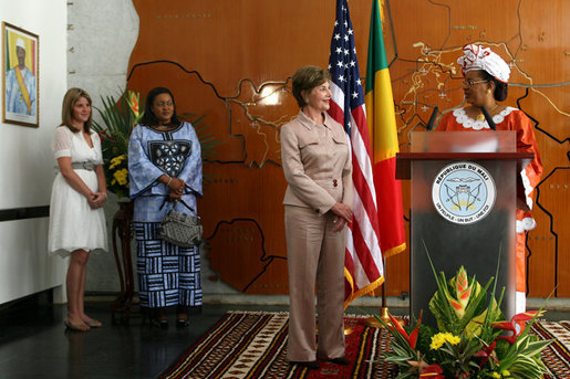 Mrs. Laura Bush joins First Lady Toure Lobbo Traore of Mali, right, at a joint statement to the press Friday, June. 29, 2007, during their visit to the Nelson Mandela school in Bamako, Mali. White House photo by Shealah Craighead