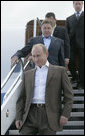 Russian President Vladimir Putin arrives Sunday, July 1, 2007, at Pease Air National Guard Base, in Portsmouth, N.H. The Russian leader is visiting President George W. Bush for meetings at Kennebunkport. White House photo by Joyce N. Boghosian