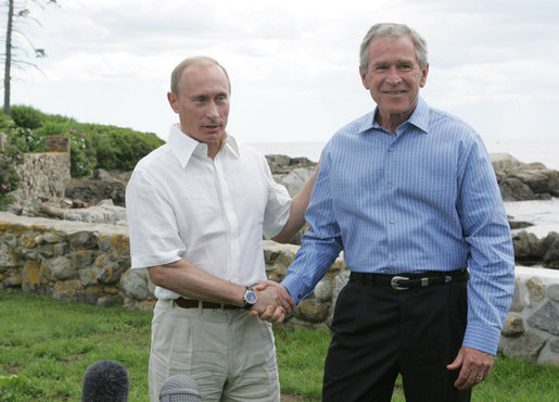 President George W. Bush and President Vladimir Putin of Russia, shake hands at the end of their joint press availability Monday, July 2, 2007, at Walker's Point in Kennebunkport, Me. Said President Bush, "We had a good, casual discussion on a variety of issues. We had a very long, strategic dialogue that I found to be important, necessary and productive." White House photo by Joyce N. Boghosian