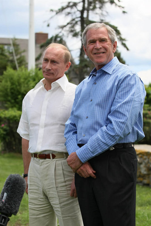 President George W. Bush stands with President Vladimir Putin, prior to the Russian leader's departure Monday, July 2, 2007, from Kennebunkport, Me. Said President Bush, "When Russia and the United States speak along the same lines, it tends to have an effect and therefore I appreciate the Russians' attitude in the United Nations. We're close on recognizing that we got to work together to send a common message." White House photo by Eric Draper