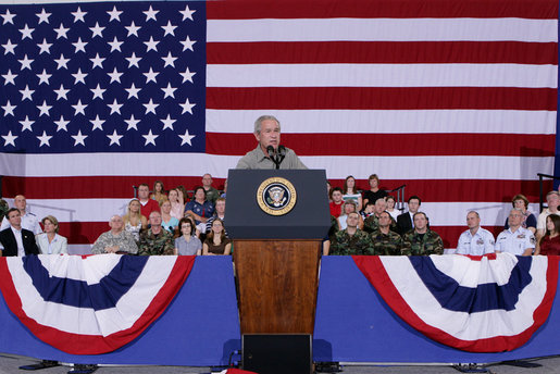 President George W. Bush addresses his remarks Wednesday, July 4, 2007, during a Fourth of July visit with members of the West Virginia Air National Guard 167th Airlift Wing and their family members in Martinsburg, W. Va. President Bush thanked all the operational units of the West Virginia National Guard for their service. White House photo by Chris Greenberg