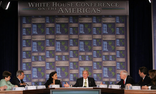 President George W. Bush responds to a question Monday, July 9, 2007, during A Conversation on the Americas in Arlington, Va. The President and Mrs. Laura Bush are hosting the conference to highlight United States engagement and discuss more effective ways to deliver aid and strengthen civil society. White House photo by Chris Greenberg