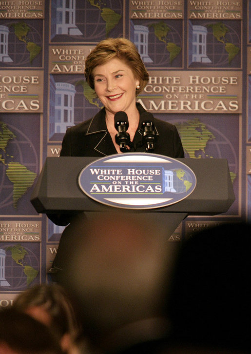 Mrs. Laura Bush delivers remarks Monday, July 9, 2007, during A Conversation on the Americas in Arlington, Va. The President and Mrs. Bush hosted the conference to highlight the Administration's commitment to development in the Western Hemisphere and to bring together civil society leaders from across the Americas to build relationships and share best practices that will allow people to help their neighbors and fellow citizens. White House photo by Shealah Craighead