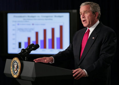 President George W. Bush delivers remarks on the Fiscal Year 2008 budget Wednesday, July 11, 2007, in the Eisenhower Executive Office Building. The President\'s budget lays out a detailed plan to balance the budget by 2012 while keeping taxes low. White House photo by Eric Draper