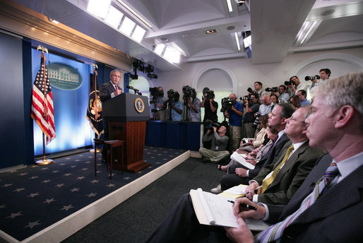 President George W. Bush speaks during a morning news conference Thursday, July 12, 2007, in the James S. Brady Briefing Room of the White House. The President spoke on the fourth phase of the Iraq conflict: Deploying reinforcements and launching new operations to help Iraqis bring security to their people. White House photo by Eric Draper