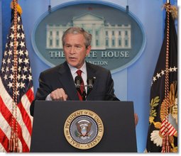 President George W. Bush addresses a morning news conference Thursday, July 12, 2007, in the James S. Brady Briefing Room of the White House. Said the President, "The real debate over Iraq is between those who think the fight is lost or not worth the cost, and those that believe the fight can be won and that, as difficult as the fight is, the cost of defeat would be far higher."  White House photo by Chris Greenberg