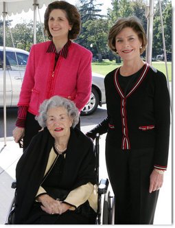 Mrs. Laura Bush welcomes former First Lady Lady Bird Johnson and her daughter, Lynda Johnson Robb, on their visit to the White House Oct. 19, 2005. President and Mrs. Bush Mourn the Passing of Lady Bird Johnson  White House photo by Krisanne Johnson
