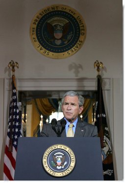 President George W. Bush delivers remarks on the Middle East Monday, July 16, 2007, in the Cross Hall. "This year, we will provide the Palestinians with more than $190 million in American assistance -- including funds for humanitarian relief in Gaza," said the President. "To build on this support, I recently authorized the Overseas Private Investment Corporation to join in a program that will help generate $228 million in lending to Palestinian businesses." White House photo by Joyce N. Boghosian