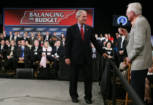 President George W. Bush listens to a question from the audience at the Gaylord Opryland Resort and Convention Center Thursday, July 19, 2007 in Nashville, Tenn., where President Bush addressed economic and budget issues. White House photo by Chris Greenberg