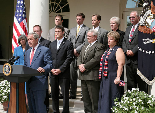 President George W. Bush, joined by veterans and military families, discusses the Global War on Terror in the Rose Garden Friday, July 20, 2007. During his statement, the President quoted Air Force Reservist Eric Egland saying, "We live in the world's oldest democracy and have been blessed with the strength to protect our freedoms and to help others who seek the same." White House photo by David Jolkovski