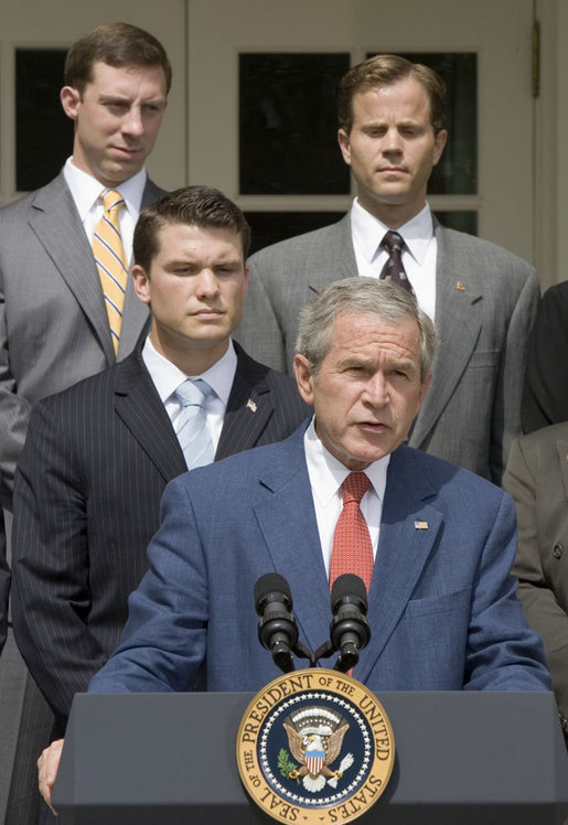 President George W. Bush delivers a statement on the Global War on Terror in the Rose Garden Friday, July 20, 2007. "It is time to rise above partisanship, stand behind our troops in the field, and give them everything they need to succeed," announced the President. White House photo by Joyce N. Boghosian