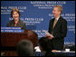Mrs. Laura Bush participates in a question and answer session after addressing the National Press Club Wednesday, July 25, 2007 in Washington D.C. Mrs. Bush, joined by National Press Club President Jerry Zremski, talked about inspiring stories of what people are doing to help those with HIV/AIDS. "But certainly one of the most moving parts is the work that so many groups are doing on ground in Africa," said Mrs. Bush. "(Bruce Wilkinson, Director of the RAPIDS Consortium), have a donor who has given 23,000 bicycles to Zambia, so that the care-givers that we met can literally go door to door in their neighborhoods and find out who needs help." White House photo by Shealah Craighead