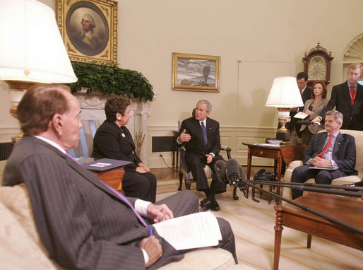 President George W. Bush meets with co-chairs of the President's Commission on Care for America's Returning Wounded Warriors, former Health and Human Services Secretary Donna Shalala and former Senator Bob Dole, left, Wednesday, July 25, 2007, joined by outgoing Veterans Affairs Secretary Jim Nicholson in the Oval Office at the White House. White House photo by Joyce N. Boghosian