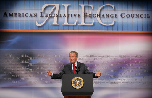 President George W. Bush addresses the American Legislative Exchange Council Thursday, July 26, 2007, at the Philadelphia Marriott Downtown. The President urged the legislators to "to not rely upon the latest opinion poll to tell you what to believe. I ask you to stand strong on your beliefs, and that will continue to make you a worthy public servant." White House photo by Chris Greenberg