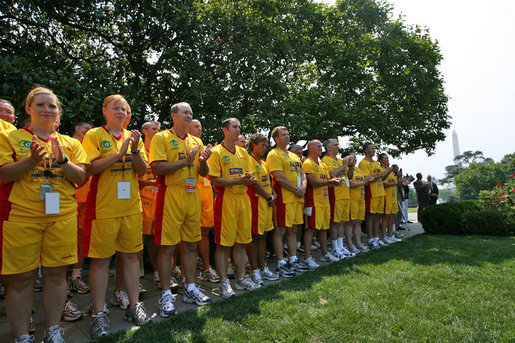 Law enforcement runners attend a Special Olympics Global Law Enforcement Torch Run Ceremony Thursday, July 26, 2007, in the Rose Garden. White House photo by Shealah Craighead