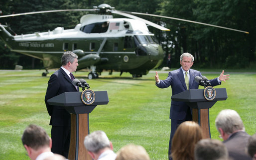 President George W. Bush and British Prime Minister Gordon Brown address the press Monday, July 30, 2007, at Camp David near Thurmont, Md. White House photo by Eric Draper