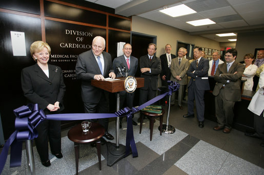 Vice President Dick Cheney, joined by Mrs. Lynne Cheney, delivers remarks at a ribbon-cutting ceremony, Monday, July 30, 2007, to inaugurate the Richard B. and Lynne V. Cheney Cardiovascular Institute at The George Washington University in Washington, D.C. The institute will be comprised of clinicians and scientists in the departments of Cardiology, Radiology, Cardiovascular Surgery, Biochemistry, Molecular Biology and Pharmacology among others, and will pursue a multi-disciplinary approach to the advancement of research, education and the clinical care of cardiovascular diseases. White House photo by David Bohrer