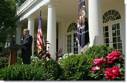 President George W. Bush addresses the press in the Rose Garden after meeting with his Cabinet Thursday, Aug. 2, 2007. "One of the things we discussed was the terrible situation there in Minneapolis," said President Bush. "We talked about the fact that the bridge collapsed, and that we in the federal government must respond and respond robustly to help the people there not only recover, but to make sure that lifeline of activity, that bridge, gets rebuilt as quickly as possible."  White House photo by Chris Greenberg