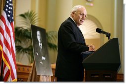 Vice President Dick Cheney delivers remarks, Thursday, August 2, 2007, at a memorial Service for former Representative Guy A. Vander Jagt at the U.S. Capitol. "From the first days of the 90th Congress to the last days of the 102nd, Guy Vander Jagt was a standout member of this House," said Vice President Cheney. "I'd wager that each of his colleagues, and each person in this room today, can recall a time when Guy did something especially generous or considerate just for us. For my part, there are many." White House photo by David Bohrer