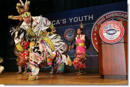 Members of the Three Affiliated Tribes Youth Dance Troupe perform at the Helping America's Youth Fourth Regional Conference in St. Paul, Minn., Friday, August 3, 2007. The dancers, ranging in age from 10 to eighteen, showcased six styles of Plains Powwow Dancing. Each style of dance represents a specific history and tells a story of American Indian culture. A segment of the conference addressed the unique challenges facing tribal youth.  White House photo by Chris Greenberg