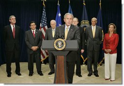 President George W. Bush addresses the press after meeting with his counterterrorism team at the J. Edgar Hoover FBI Building in Washington, D.C., Friday, Aug. 3, 2007. "The people on this team, assembled in this building see the world the way it is, not the way we hope it is," said the President. "And this is a dangerous world because there's an enemy that wants to strike the homeland again."  White House photo by Joyce N. Boghosian