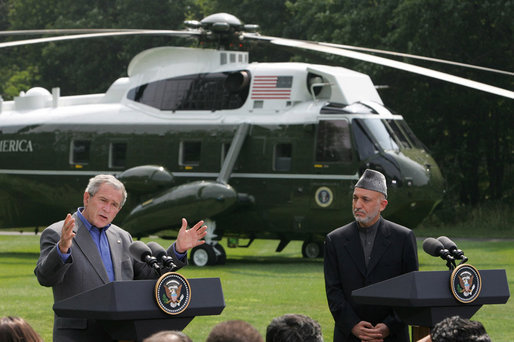 President George W. Bush, addresses the media during a joint press availability with Afghanistan President Hamid Karzai Monday Aug. 6, 2007, at Camp David near Thurmont, Md., saying, “ We’re working closely together to help the people of Afghanistan prosper. We work together to give the people of Afghanistan a chance to raise their children in a hopeful world. And we’re working together to defeat those who would try to stop the advance of a free Afghan society.” White House photo by Chris Greenberg