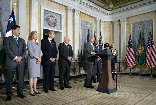 President George W. Bush stands with his economic advisors as he delivers a statement to the press Wednesday, Aug. 8, 2007, at the U.S. Department of Treasury in Washington, D.C. "Since 2003, our economy has added more than 8.3 million new jobs and almost four years of uninterrupted growth," said President Bush. "We continue to grow at a steady pace, and during the most recent quarter, it grew at an annual rate of 3.4 percent." White House photo by Chris Greenberg