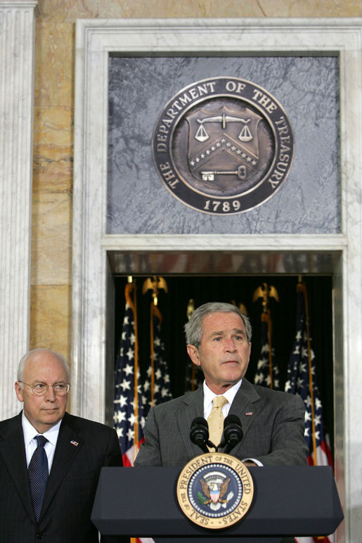 President George W. Bush stands with his economic advisors as he delivers a statement to the press Wednesday, Aug. 8, 2007, at the U.S. Department of Treasury in Washington, D.C. "We discussed our thriving economy and what we need to do to keep it that way," said President Bush. "We care a lot about whether our fellow citizens are working, and whether or not they've got money in their pockets to save, spend, or invest as they see fit." White House photo by Chris Greenberg