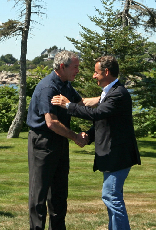 President George W. Bush greets President Nicolas Sarkozy of France upon his arrival to Walker’s Point Saturday, August 11, 2007, in Kennebunkport, Maine. White House photo by Shealah Craighead