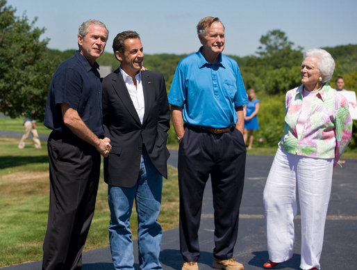 President Nicolas Sarkozy of France is welcomed to Walker’s Point by President George W. Bush, former President George H.W. Bush and his wife Barbara Bush Saturday, August 11, 2007, in Kennebunkport, Maine. White House photo by Shealah Craighead