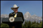 Vice President Dick Cheney delivers remarks Saturday, Aug. 11, 2007, during a dedication ceremony for the Craig Thomas Discovery and Visitor Center in Grand Teton National Park in Moose, Wyo. The center, named after the late Republican Sen. Craig Thomas who died June 4 while being treated for leukemia, features an interpretive center, art gallery and 30-foot windows that offers views of the Teton Range. White House photo by David Bohrer