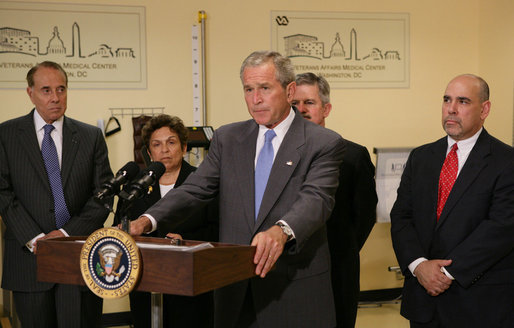 President George W. Bush is joined, from left to right, by former U.S. Senator Bob Dole and former U.S. Health and Human Services Secretary Donna Shalala, who co-chair the President’s Commission on Care for America’s Returning Wounded Warriors; Secretary of Veterans Affairs Jim Nicholson and Fernando O. Rivera, director of the Washington D.C. Veterans Affairs Medical Center, Monday, Aug. 13, 2007 at the medical center, as President Bush addresses his remarks on the commission’s findings and the implementation of their recommendations to offer the best care possible to the nation’s veterans. White House photo by Chris Greenberg