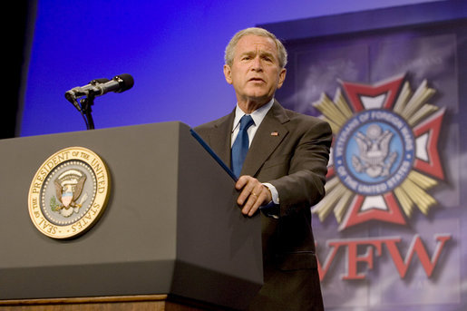 President George W. Bush, delivering his remarks Wednesday, Aug. 22, 2007, to the Veterans of Foreign Wars National Convention in Kansas City, Mo., said "So long as we remain true to our ideals, we will defeat the extremists in Iraq and Afghanistan." White House photo by Chris Greenberg