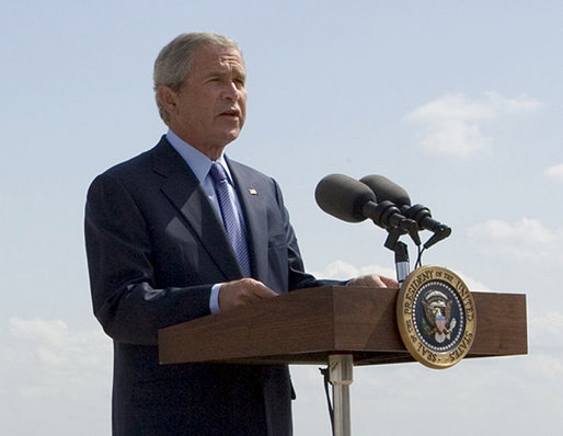 President George W. Bush addresses the press upon his departure from Waco, Texas, Monday, Aug. 27, 2007. "This morning, Attorney General Alberto Gonzales announced that he will leave the Department of Justice, after two and a half years of service to the department," said the President. "Al Gonzales is a man of integrity, decency and principle. And I have reluctantly accepted his resignation, with great appreciation for the service that he has provided for our country." White House photo by Chris Greenberg